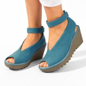 Fly London Blue Suede Perforated Wedge Sandals Peep Toe Ankle Strap Comfort
